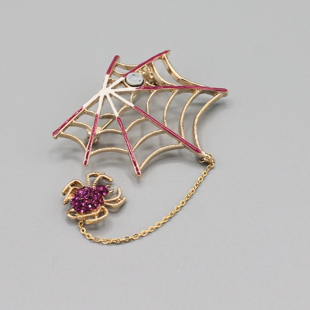 Pink & gold tone spider spiderweb pin brooch - Picture 5 of 8